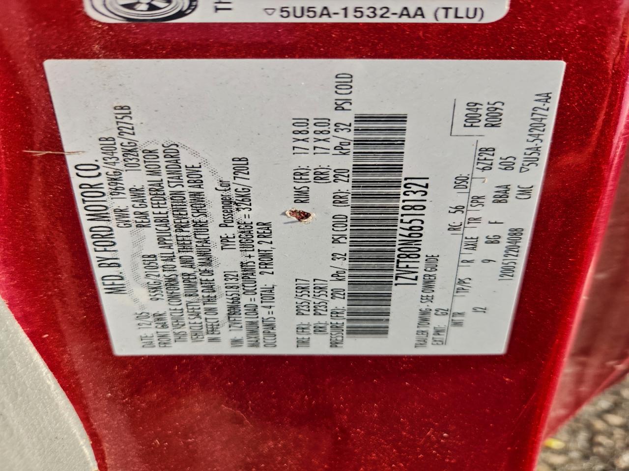 2006 Ford Mustang VIN: 1ZVFT80N665181321 Lot: 91559285