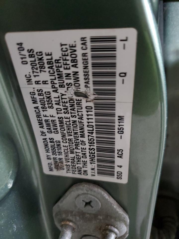 2004 Honda Civic Lx VIN: 1HGES16574L011110 Lot: 92087405