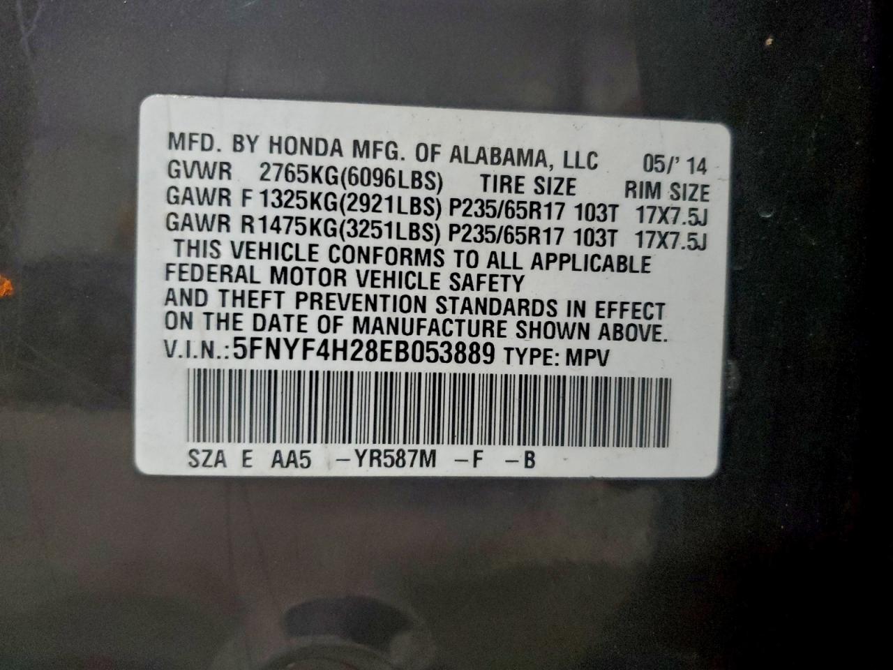 2014 Honda Pilot Lx VIN: 5FNYF4H28EB053889 Lot: 93965285