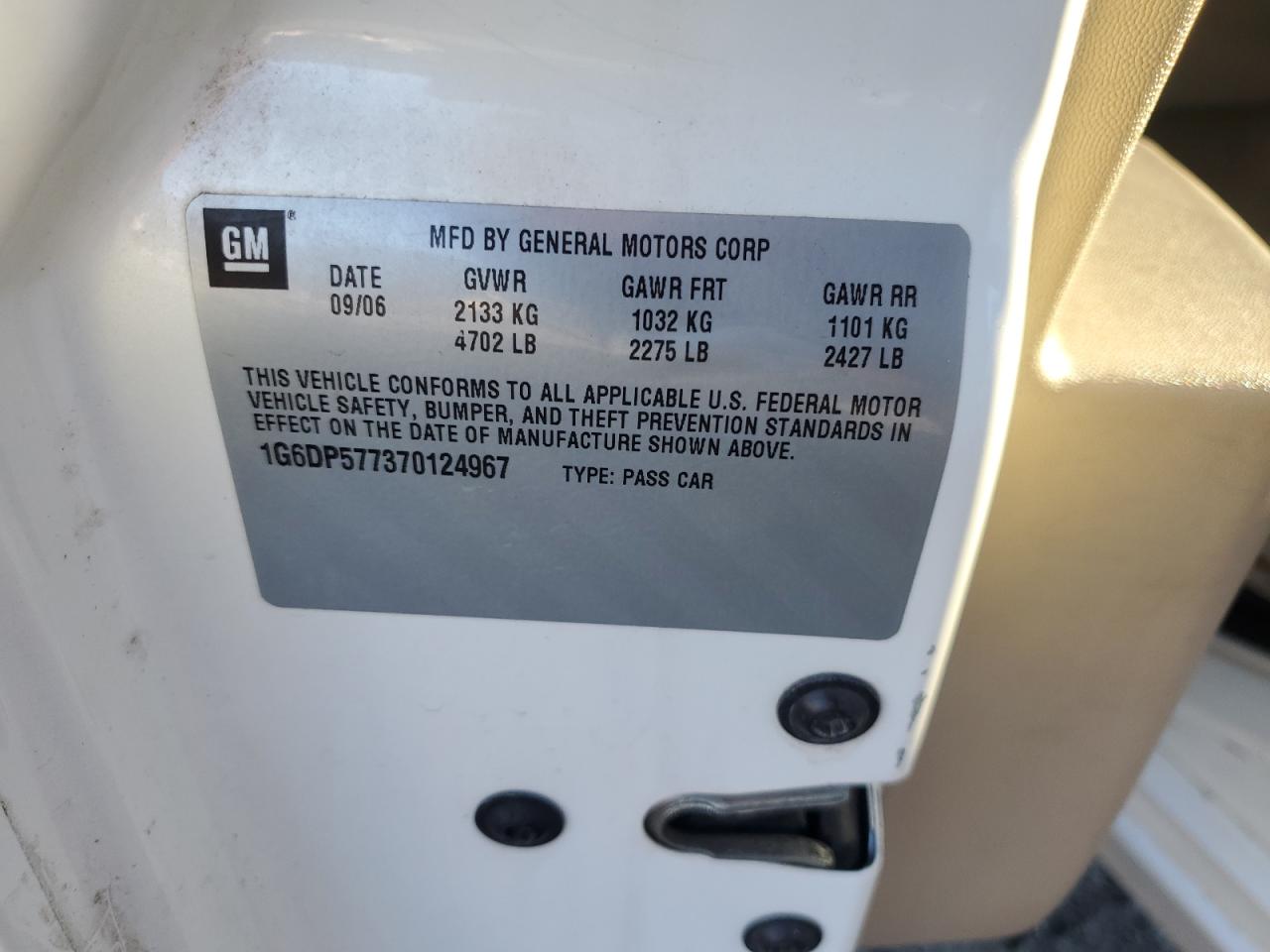 2007 Cadillac Cts Hi Feature V6 VIN: 1G6DP577370124967 Lot: 92456185