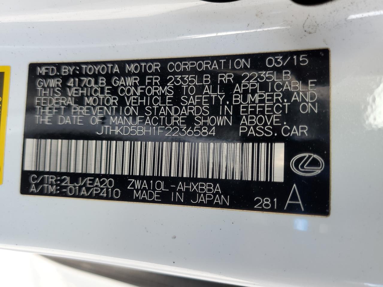 2015 Lexus Ct 200 VIN: JTHKD5BH1F2236584 Lot: 92195945