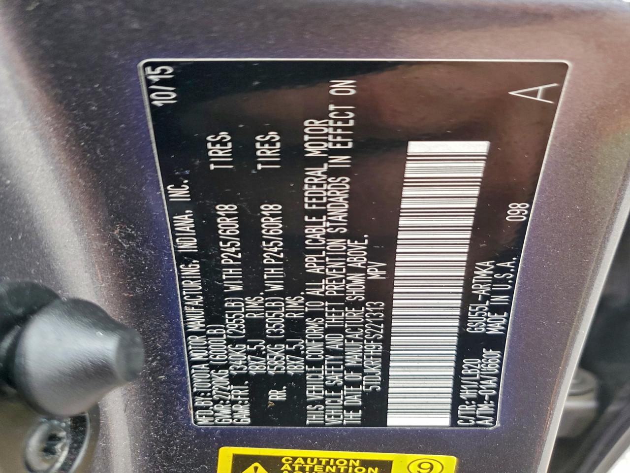 2015 Toyota Highlander Xle VIN: 5TDJKRFH9FS221313 Lot: 94603765