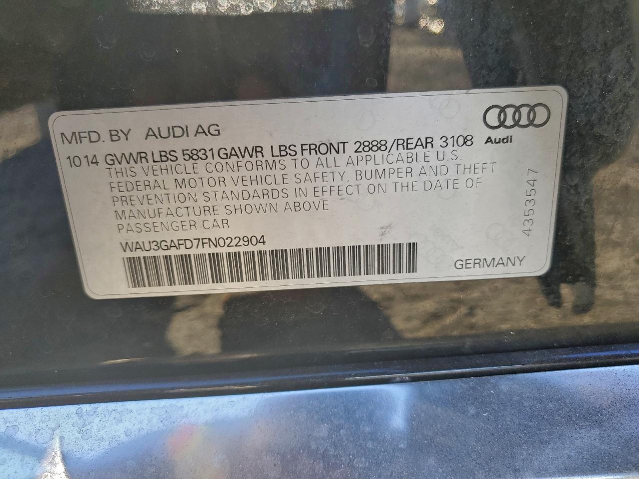 2015 Audi A8 L Quattro VIN: WAU3GAFD7FN022904 Lot: 93038365