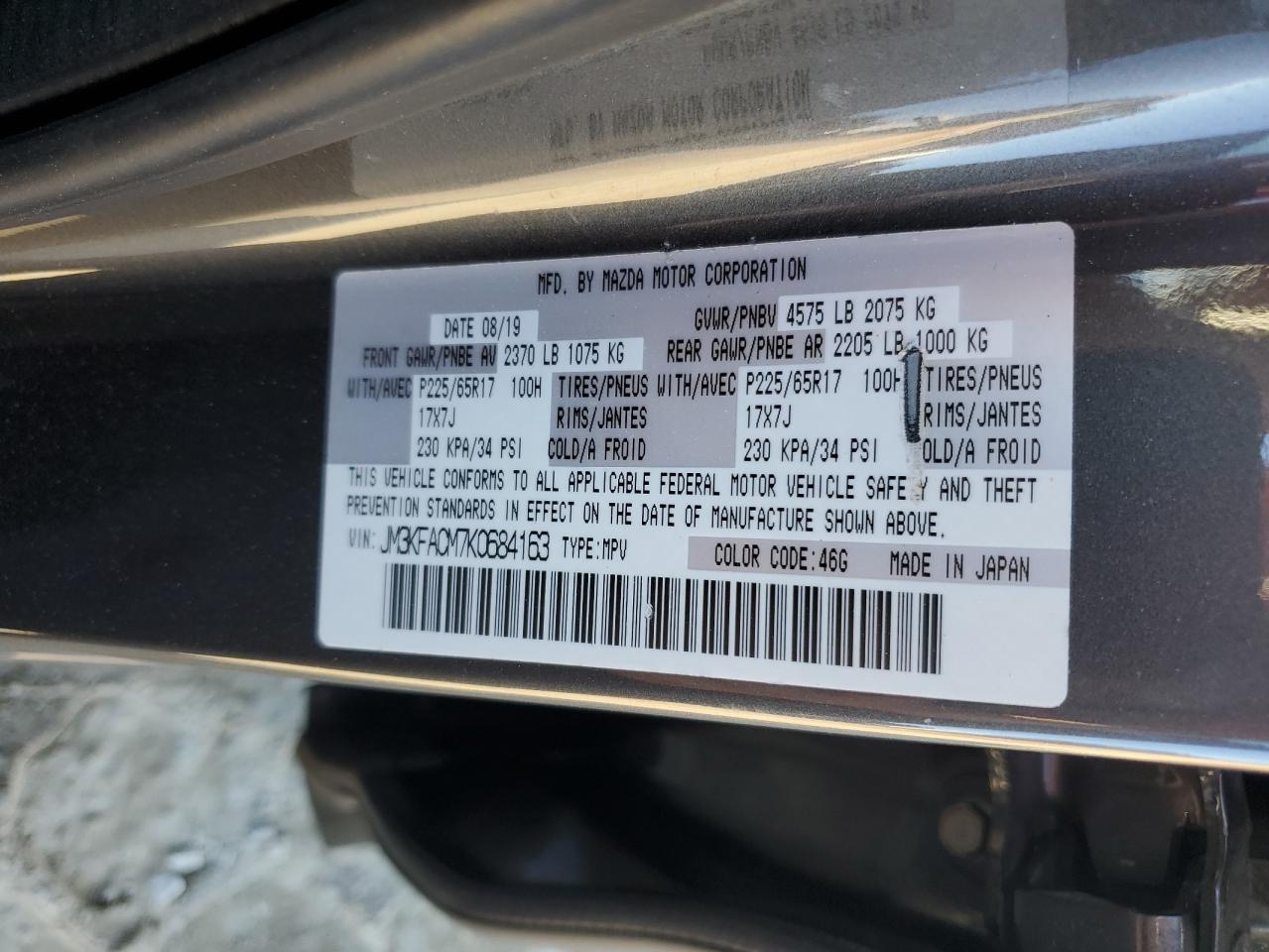 2019 Mazda Cx-5 Touring VIN: JM3KFACM7K0684163 Lot: 90482075