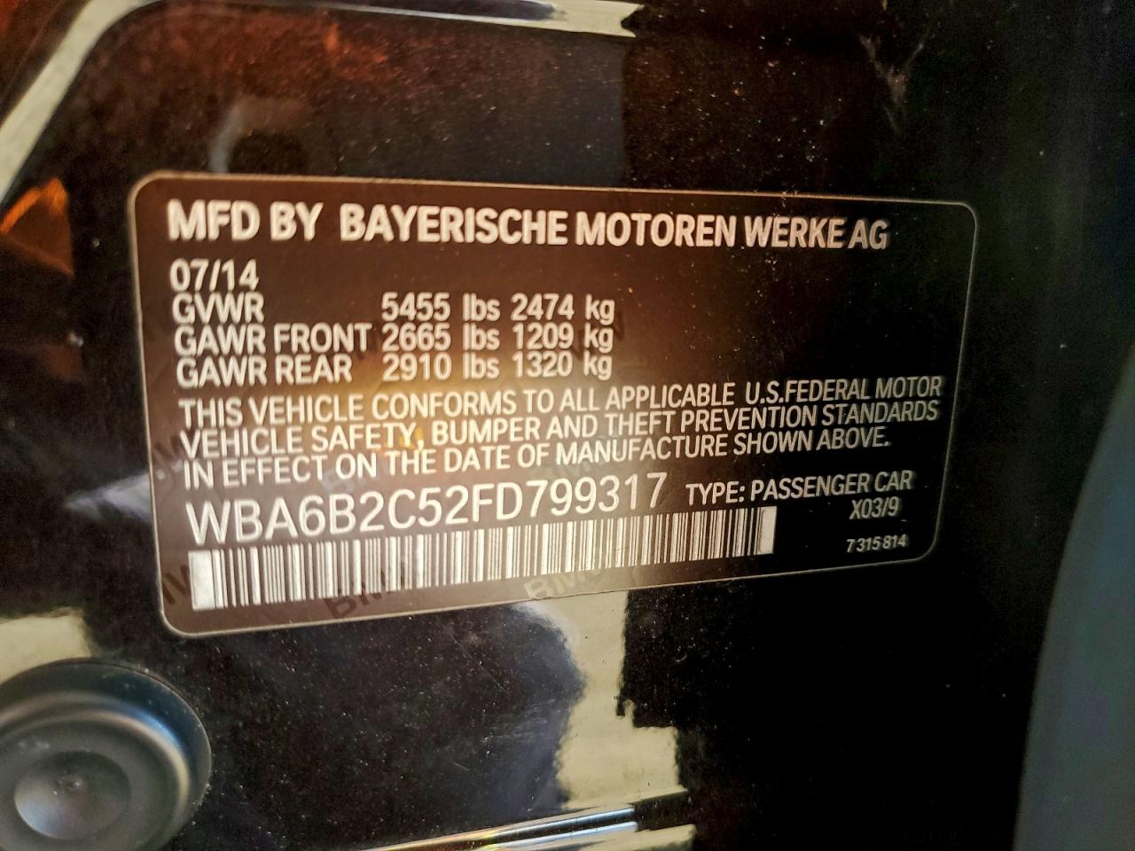 2015 BMW 650 I Gran Coupe VIN: WBA6B2C52FD799317 Lot: 94182845