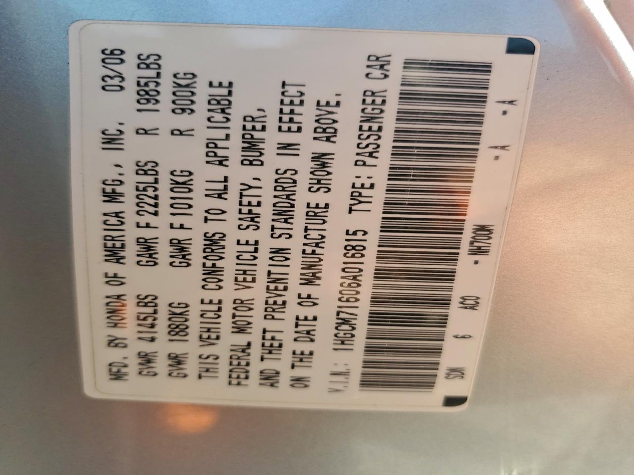 2006 Honda Accord Ex VIN: 1HGCM71606A016815 Lot: 94145365