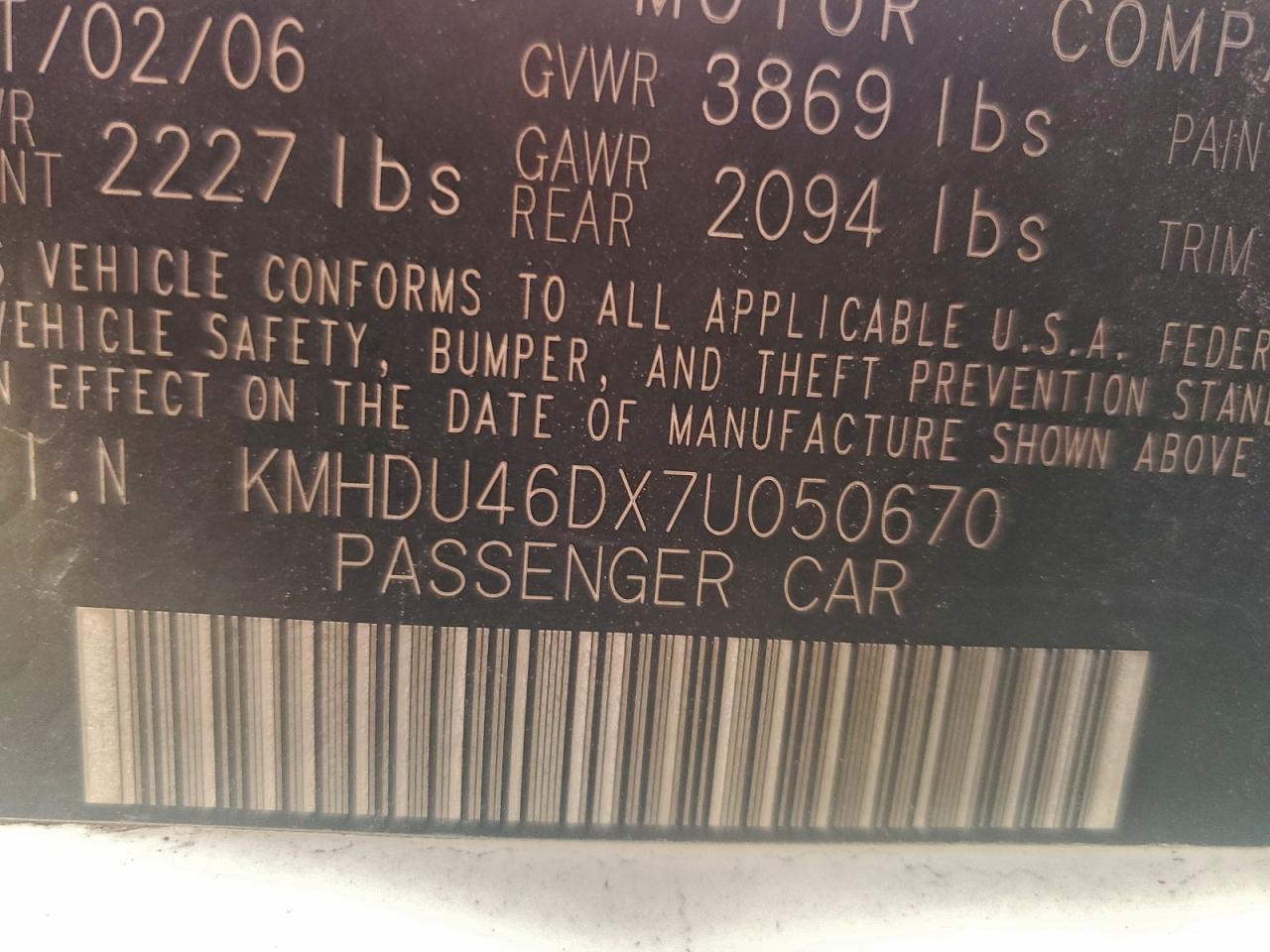 2007 Hyundai Elantra Gl VIN: 050670 Lot: 95093015