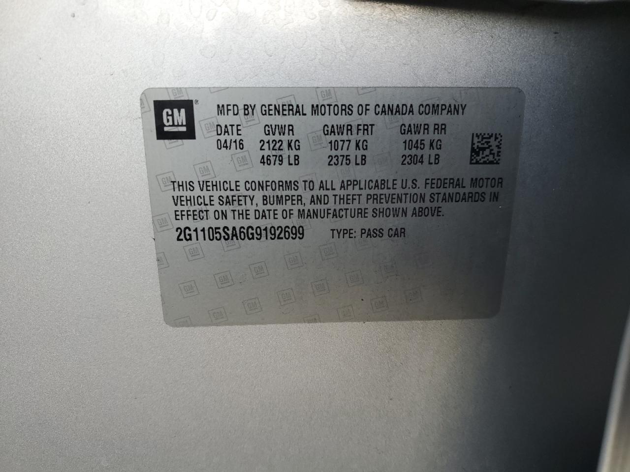 2016 Chevrolet Impala Lt VIN: 2G1105SA6G9192699 Lot: 93251285