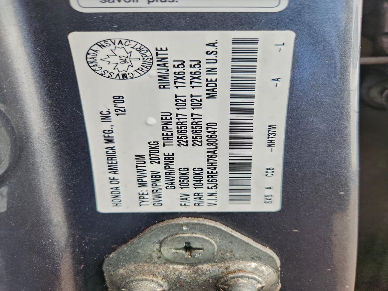 2010 Honda Cr-V Exl VIN: 5J6RE4H76AL806470 Lot: 93195375