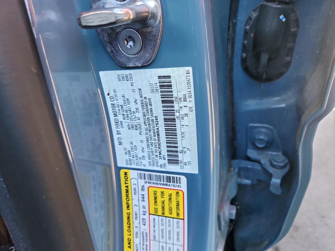 2021 Ford Bronco Sport Badlands VIN: 3FMCR9D99MRA78245 Lot: 94279605