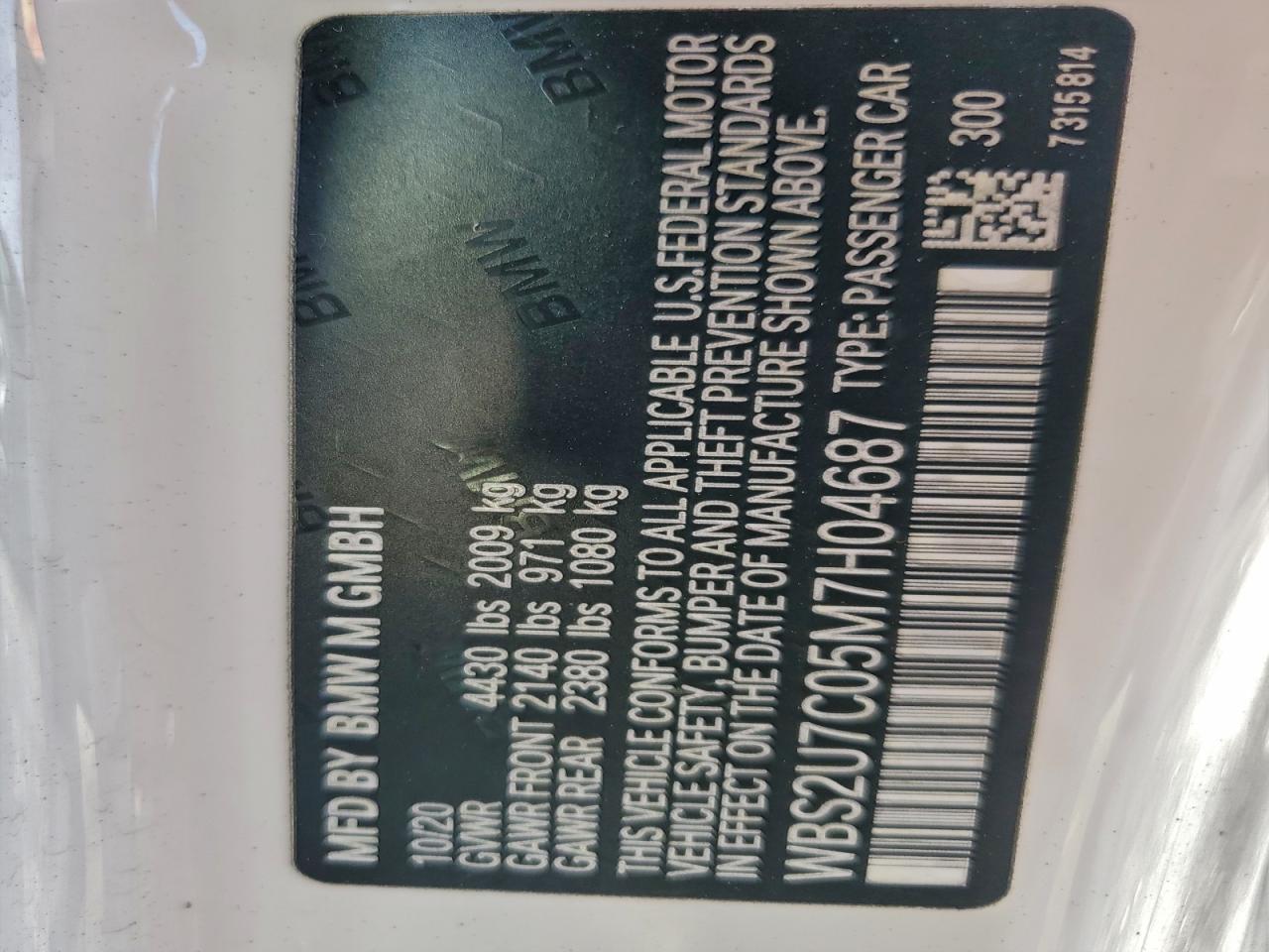 2021 BMW M2 Competition VIN: WBS2U7C05M7H04687 Lot: 94357965