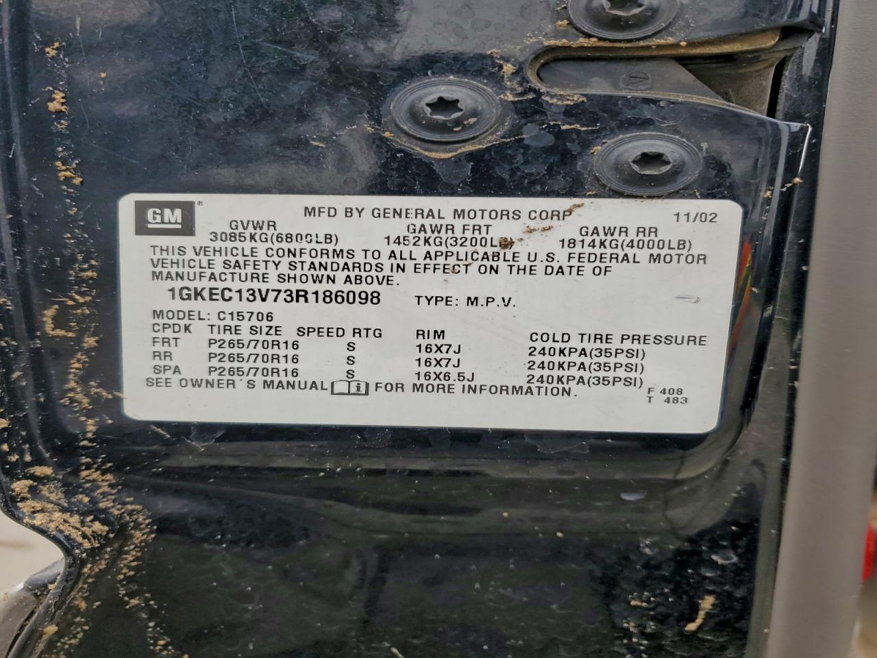 2003 GMC Yukon VIN: 1GKEC13V73R186098 Lot: 94374475