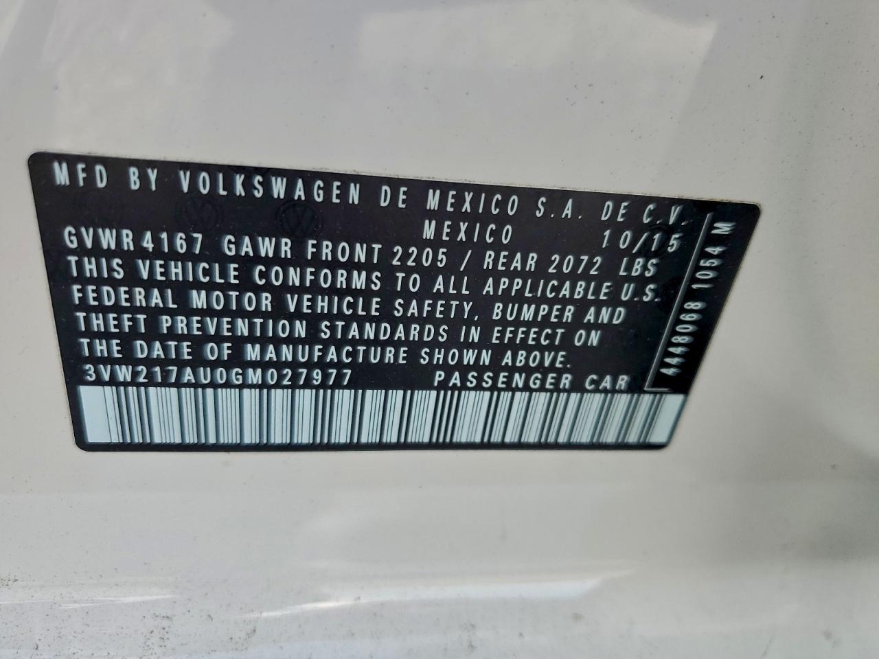 2016 Volkswagen Golf S/Se VIN: 3VW217AU0GM027977 Lot: 93921585