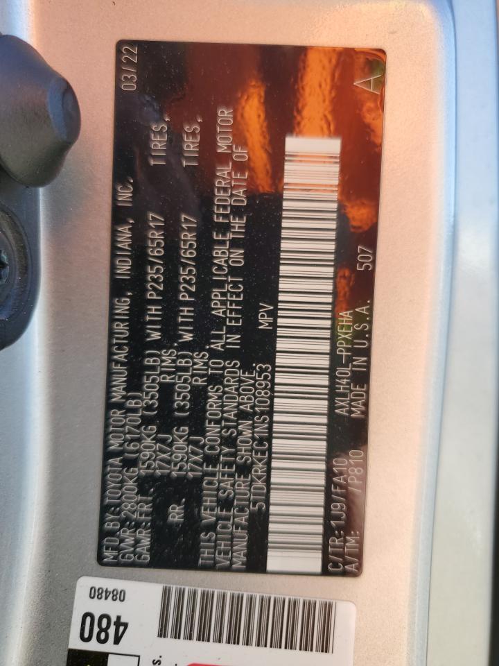 2022 Toyota Sienna Le VIN: 5TDKRKEC1NS108953 Lot: 92802395