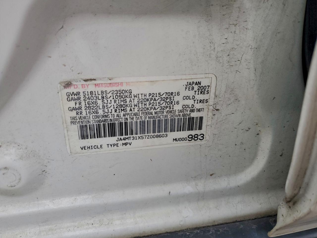 2007 Mitsubishi Outlander Ls VIN: JA4MT31X57Z008603 Lot: 93322085