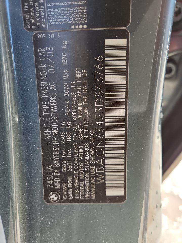2003 BMW 745 Li VIN: WBAGN63453DS43766 Lot: 92673875