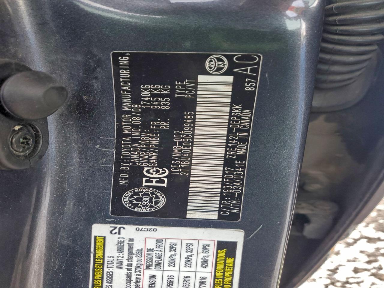 2009 Toyota Corolla Base VIN: 2T1BU40E09C099485 Lot: 94238925