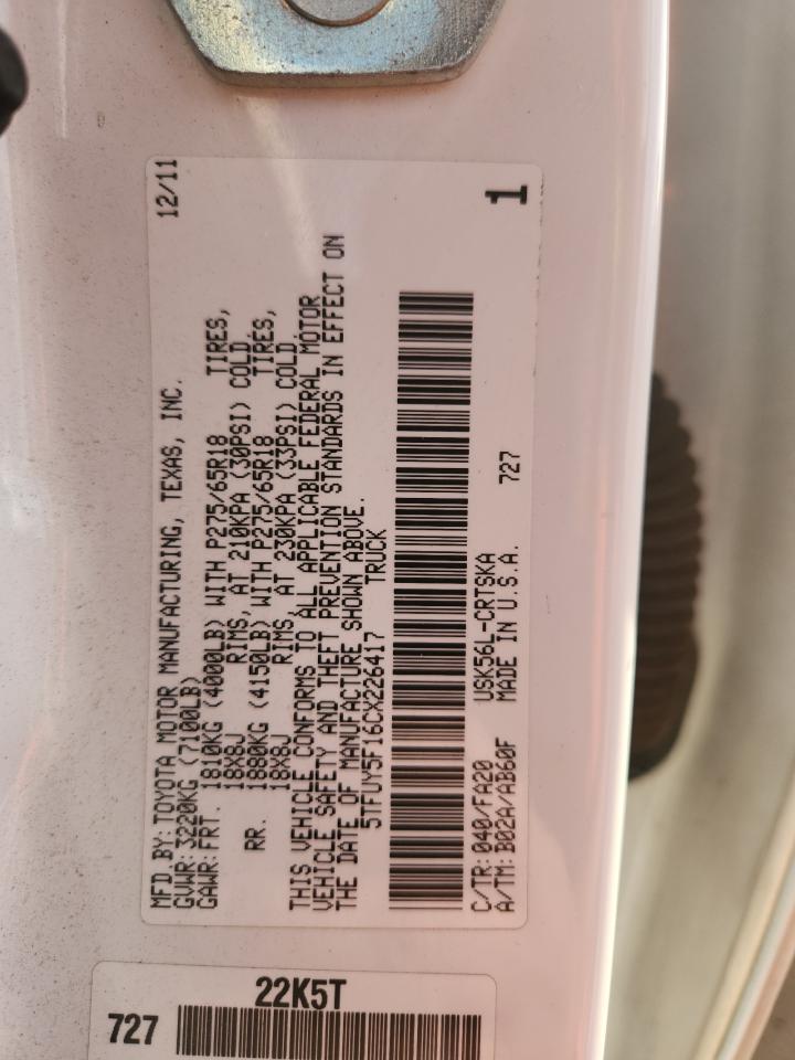 2012 Toyota Tundra Double Cab Sr5 VIN: 5TFUY5F16CX226417 Lot: 92113025