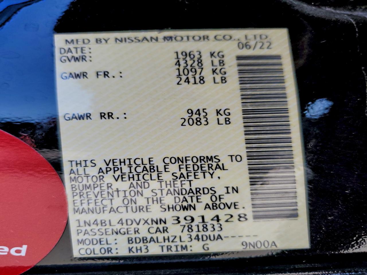 2022 Nissan Altima Sv VIN: 1N4BL4DVXNN391428 Lot: 92522385