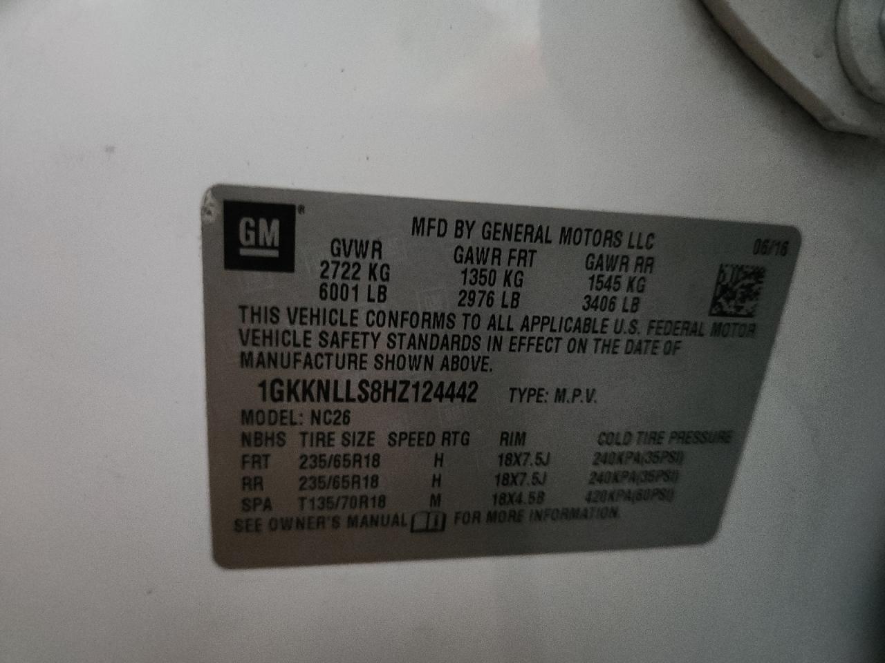 2017 GMC Acadia Sle VIN: 1GKKNLLS8HZ124442 Lot: 93249105