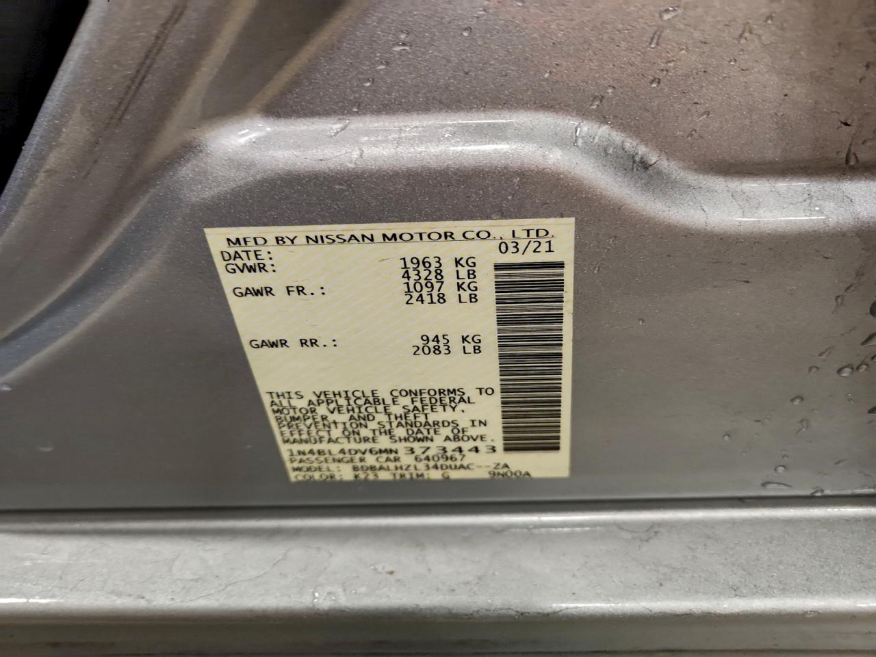 2021 Nissan Altima Sv VIN: 1N4BL4DV6MN373443 Lot: 93484005