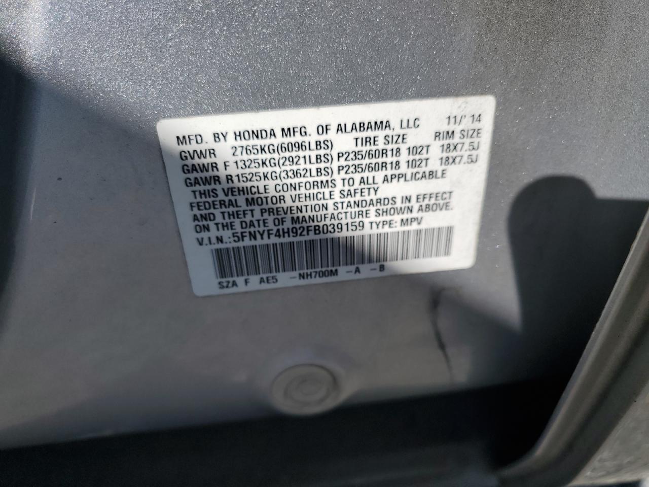 2015 Honda Pilot Touring VIN: 5FNYF4H92FB039159 Lot: 93182545