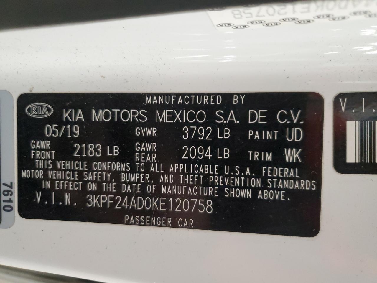 2019 Kia Forte Fe VIN: 3KPF24AD0KE120758 Lot: 91557145