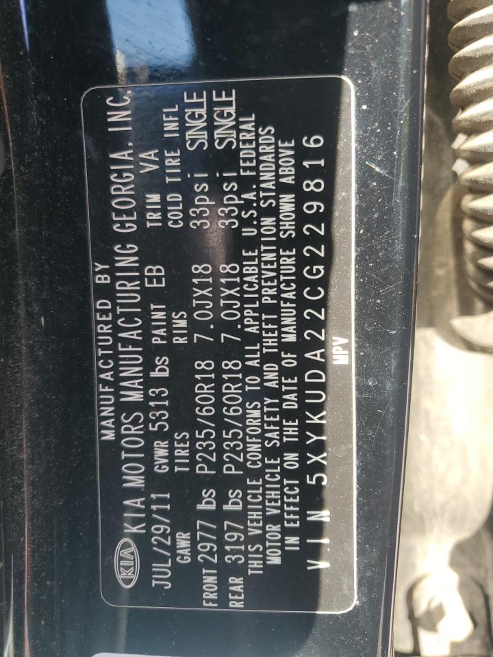 2012 Kia Sorento Ex VIN: 5XYKUDA22CG229816 Lot: 92255155