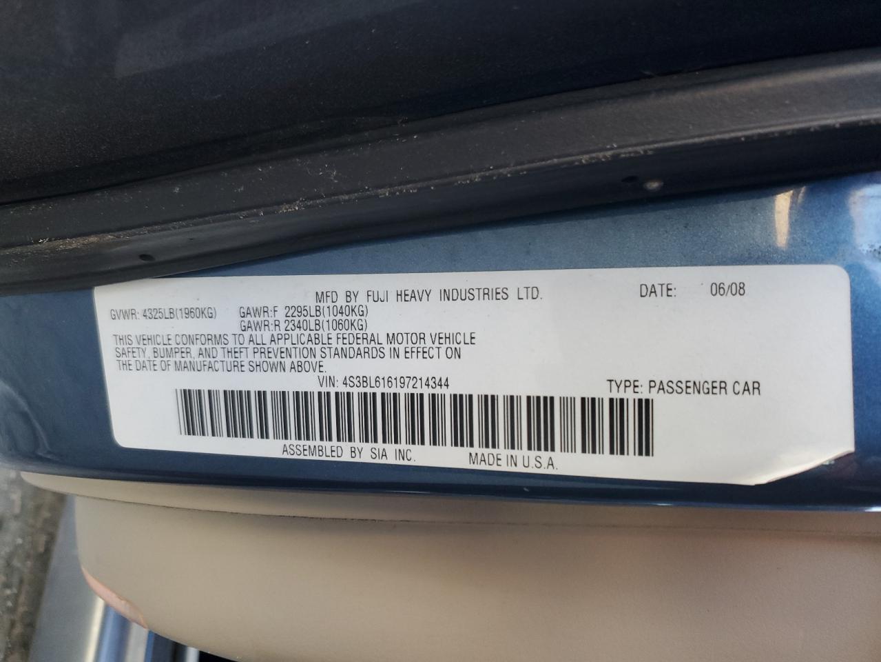 2009 Subaru Legacy 2.5I VIN: 4S3BL616197214344 Lot: 92614595