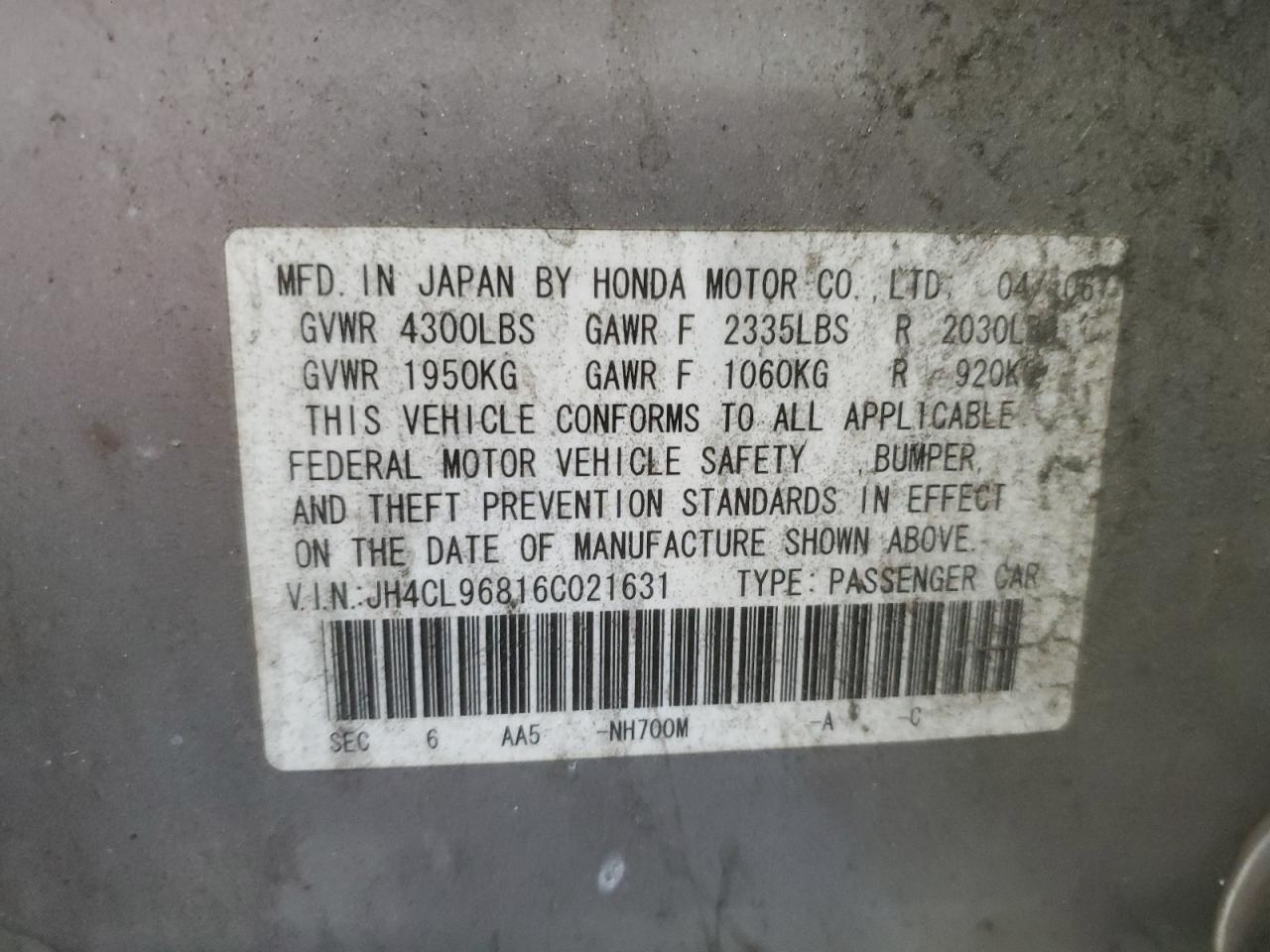 2006 Acura Tsx VIN: JH4CL96816C021631 Lot: 93287225