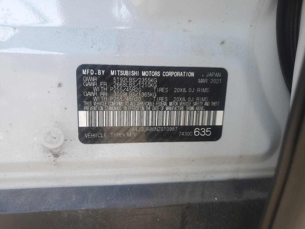 2022 Mitsubishi Outlander Se VIN: JA4J3UA86NZ010987 Lot: 93278535