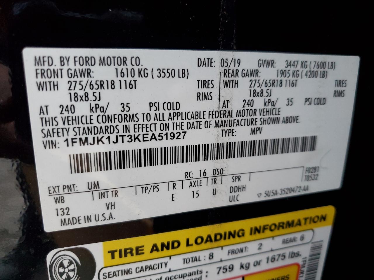 2019 Ford Expedition Max Xlt VIN: 1FMJK1JT3KEA51927 Lot: 92662285