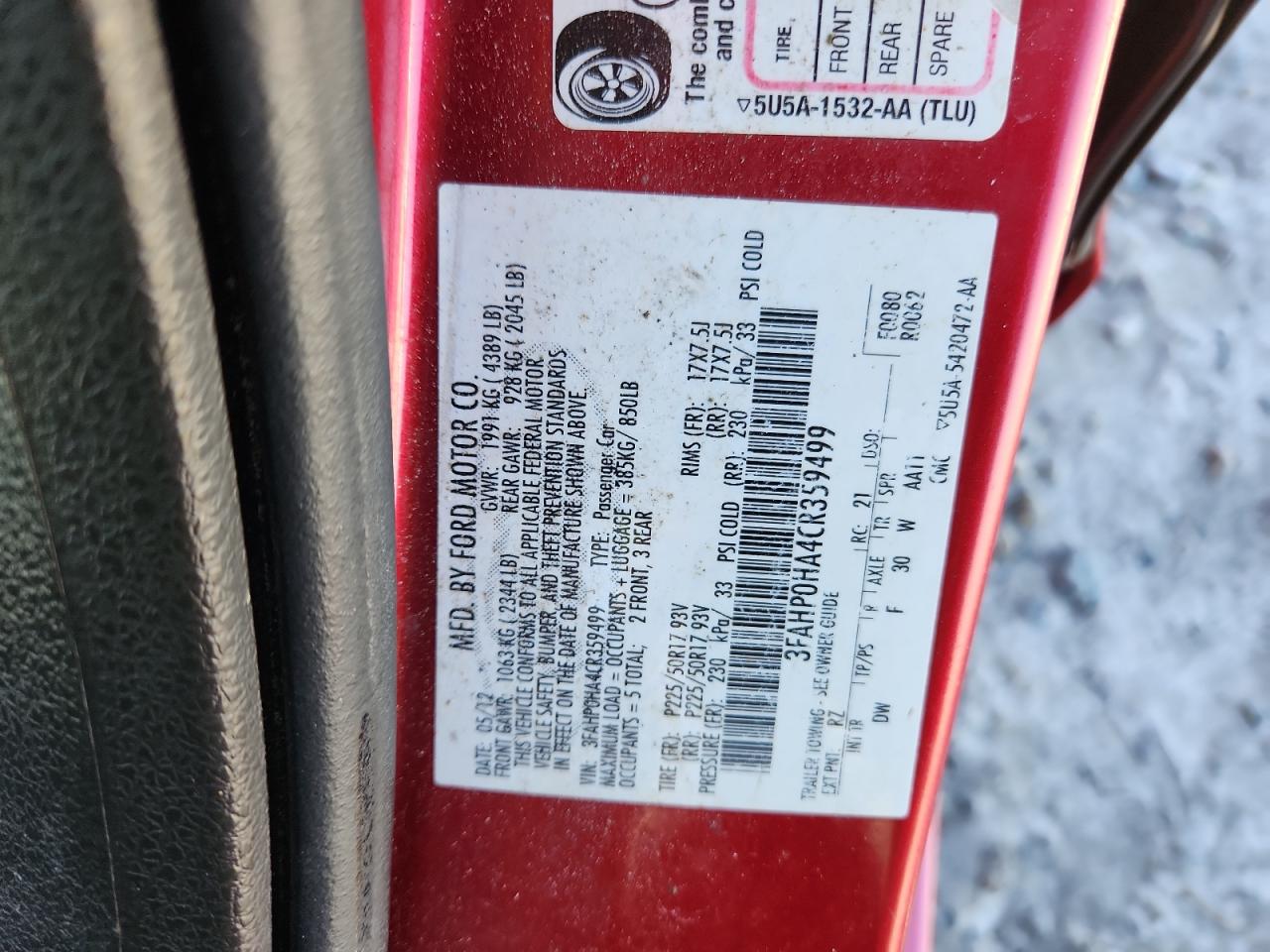 2012 Ford Fusion Se VIN: 3FAHP0HA4CR359499 Lot: 90821005