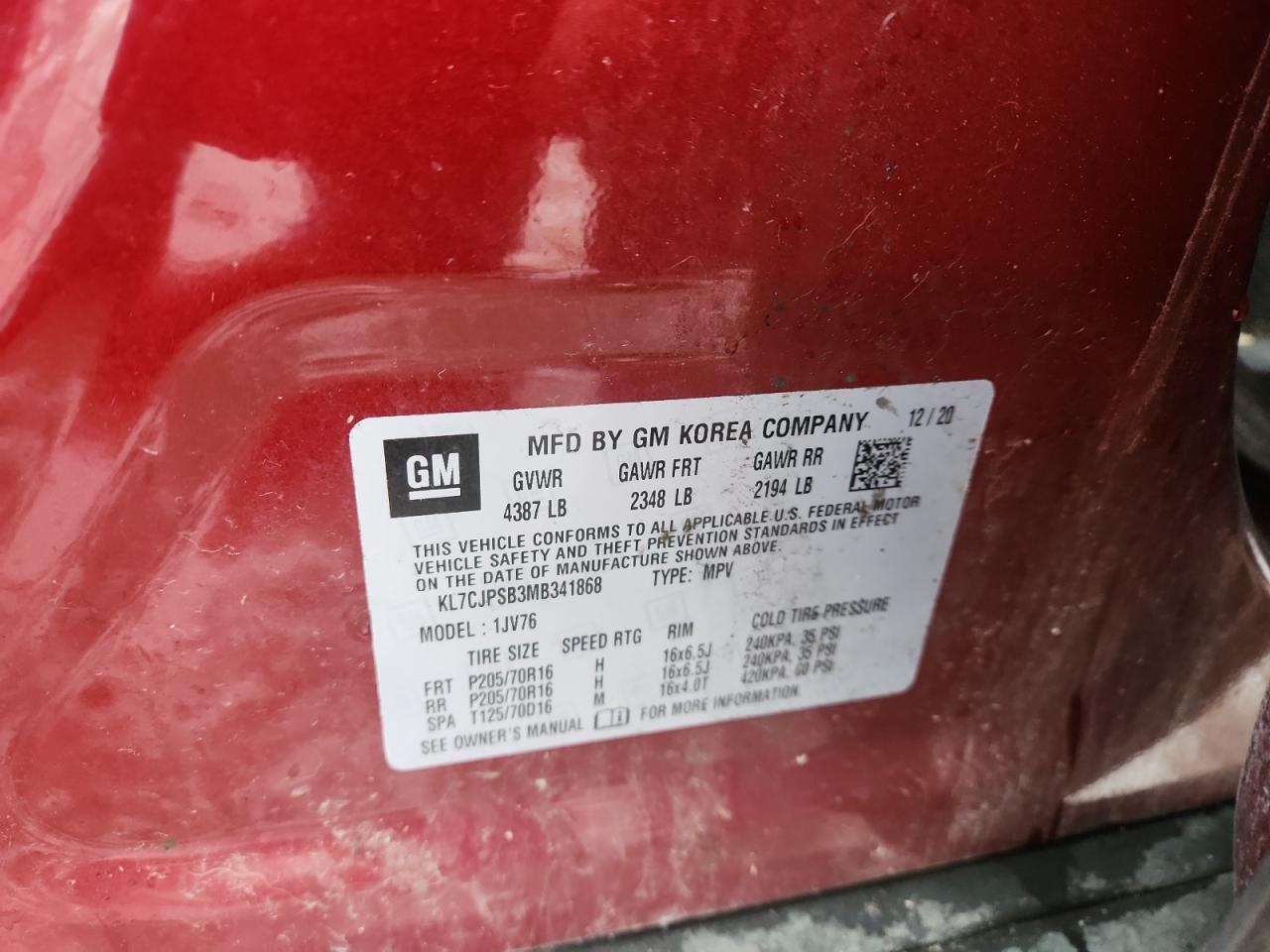 2021 Chevrolet Trax 1Lt VIN: KL7CJPSB3MB341868 Lot: 92485925