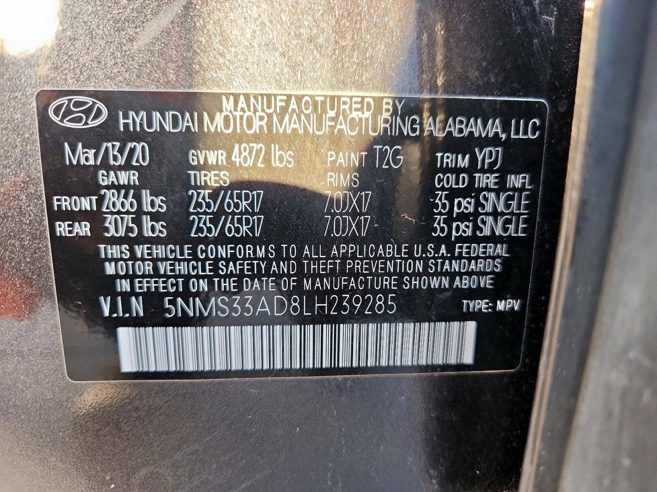 2020 Hyundai Santa Fe Sel VIN: 5NMS33AD8LH239285 Lot: 92908975