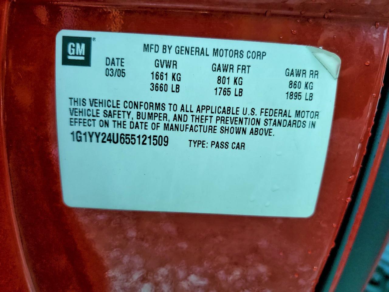 2005 Chevrolet Corvette VIN: 1G1YY24U655121509 Lot: 93400195