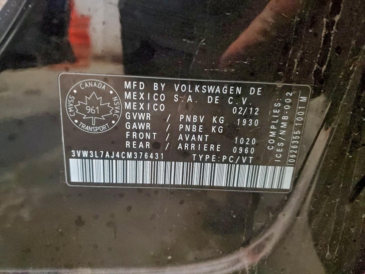 2012 Volkswagen Jetta Tdi VIN: 3VW3L7AJ4CM376431 Lot: 94936365