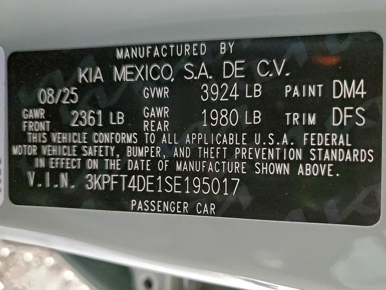 2025 Kia K4 Lx VIN: 3KPFT4DE1SE195017 Lot: 93458695