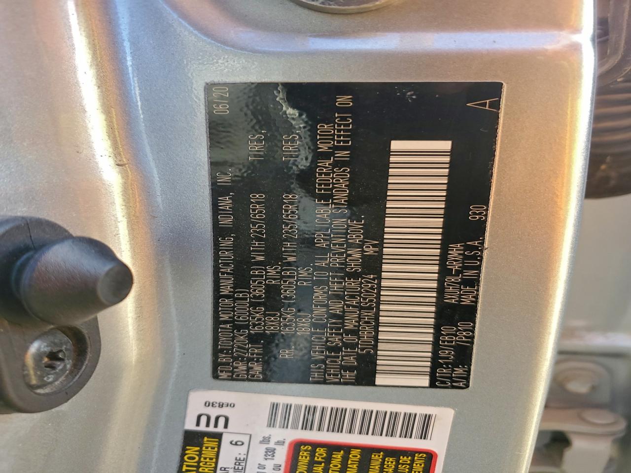 2020 Toyota Highlander Hybrid Xle VIN: 5TDHBRCHXLS502924 Lot: 94164225