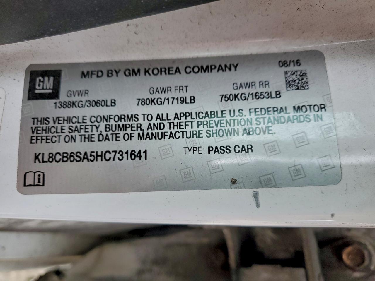 2017 Chevrolet Spark Ls VIN: KL8CB6SA5HC731641 Lot: 94124255