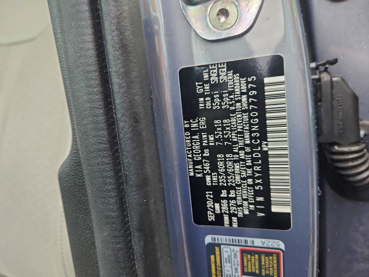 2022 Kia Sorento S VIN: 5XYRLDLC3NG077975 Lot: 93608495