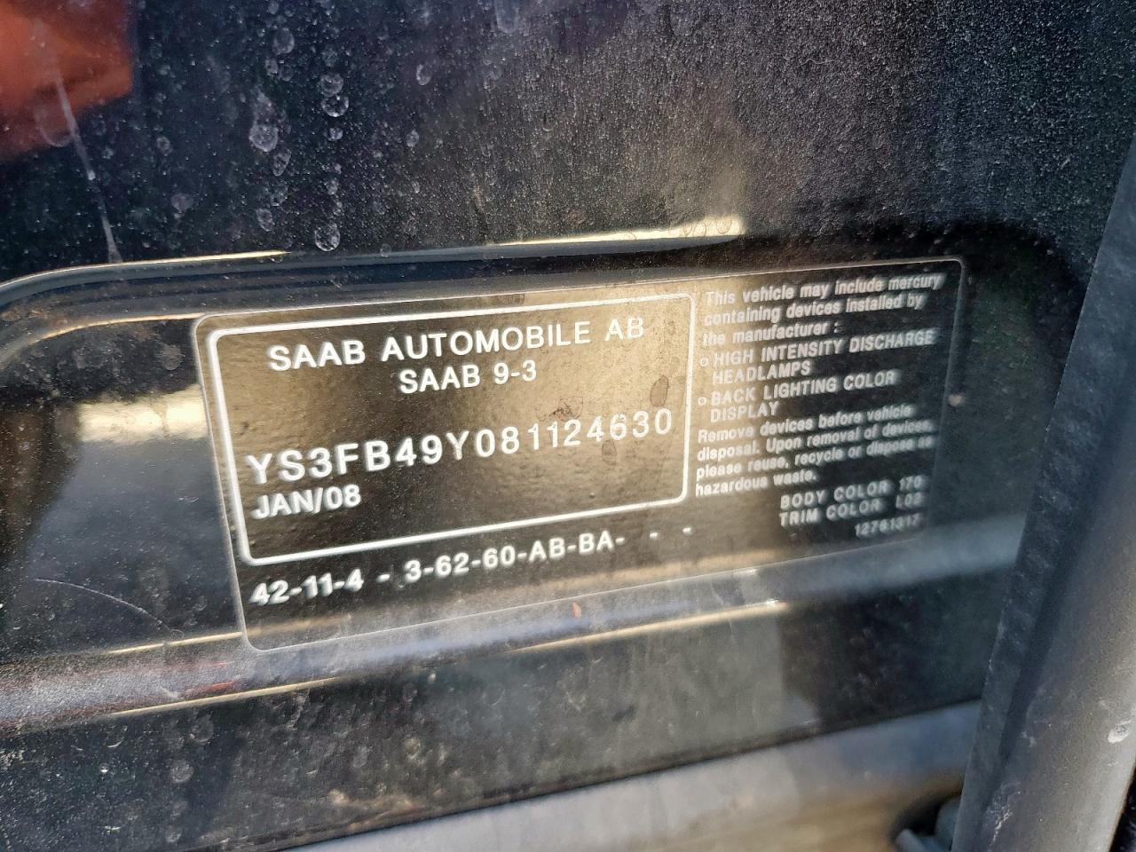 2008 Saab 9-3 2.0T VIN: YS3FB49Y081124630 Lot: 91801265