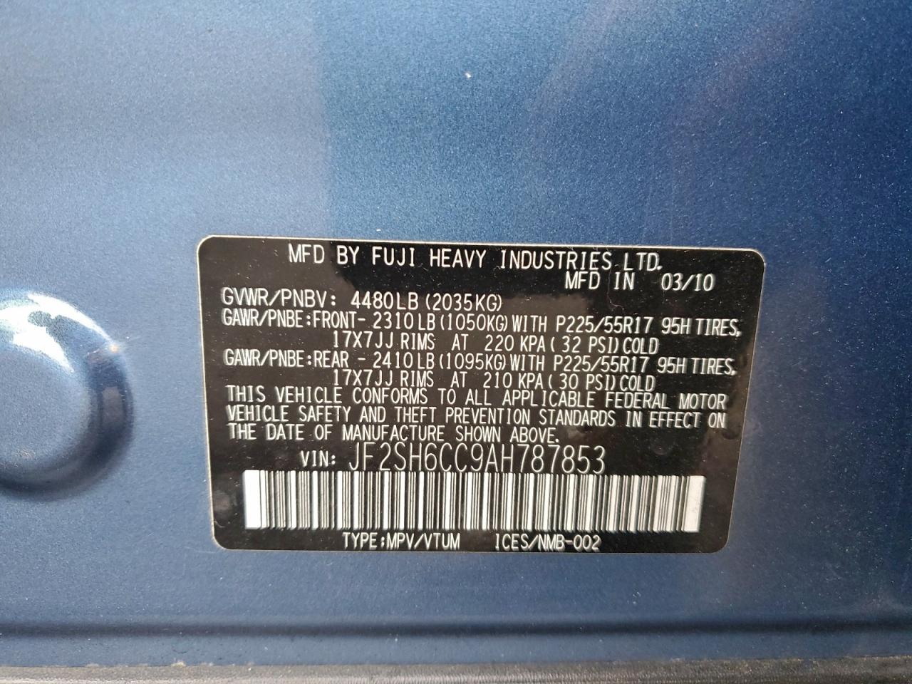 2010 Subaru Forester 2.5X Premium VIN: JF2SH6CC9AH787853 Lot: 93966145