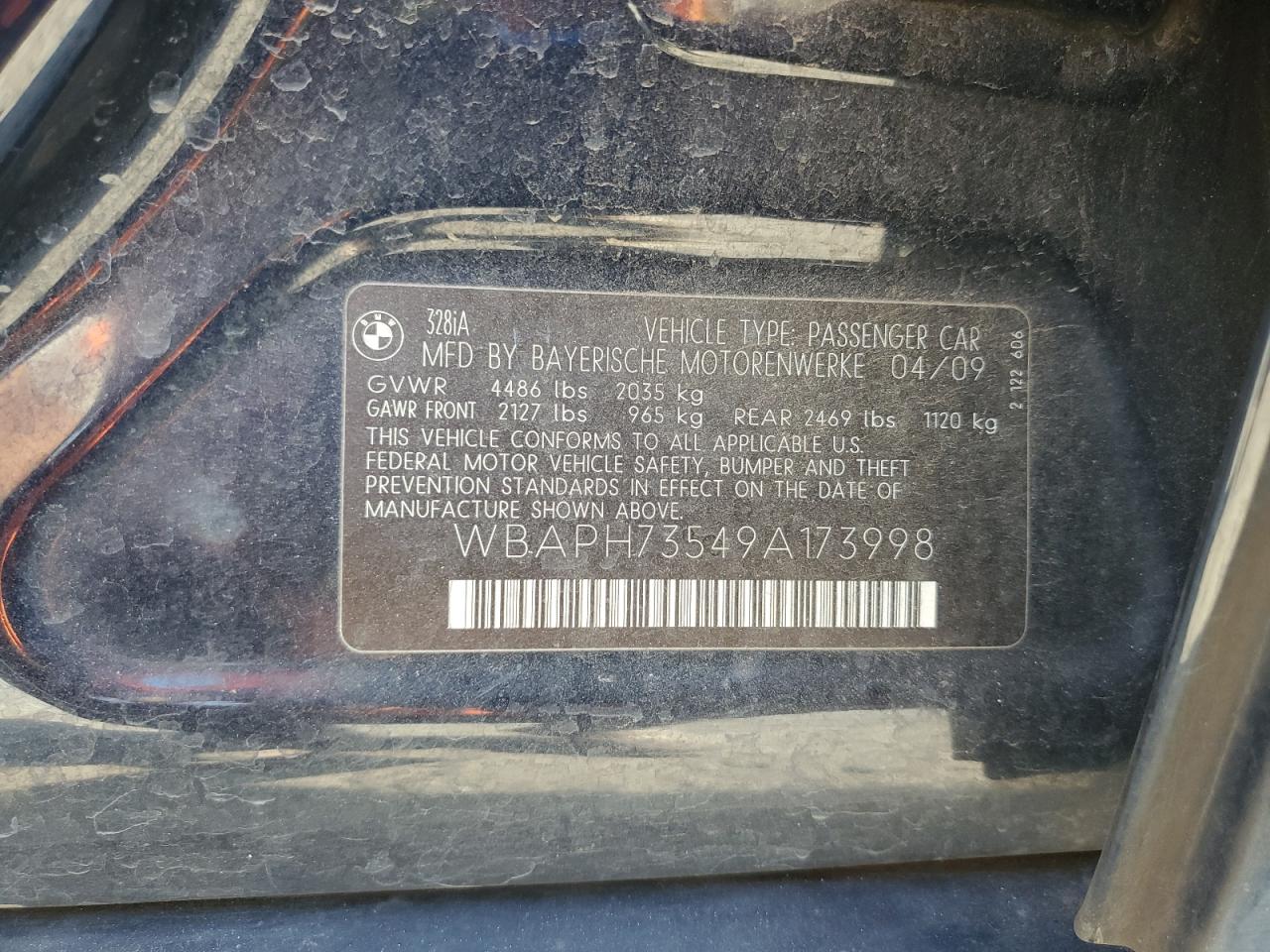 2009 BMW 328 I VIN: WBAPH73549A173998 Lot: 93389925