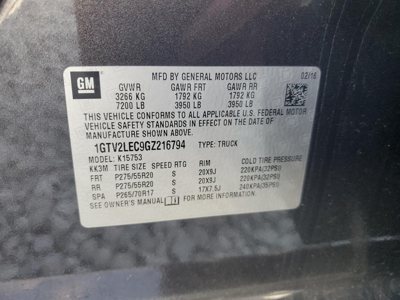 2016 GMC Sierra K1500 VIN: 1GTV2LEC9GZ216794 Lot: 92086645