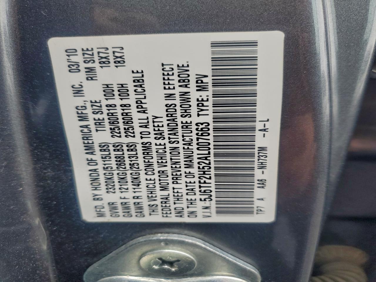 2010 Honda Accord Crosstour Exl VIN: 5J6TF2H52AL007663 Lot: 93782585