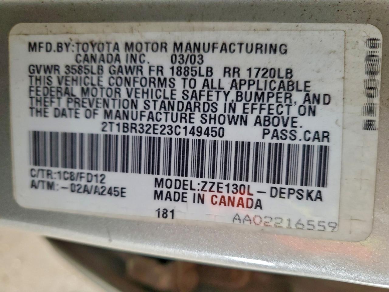 2003 Toyota Corolla Ce VIN: 2T1BR32E23C149450 Lot: 85950395