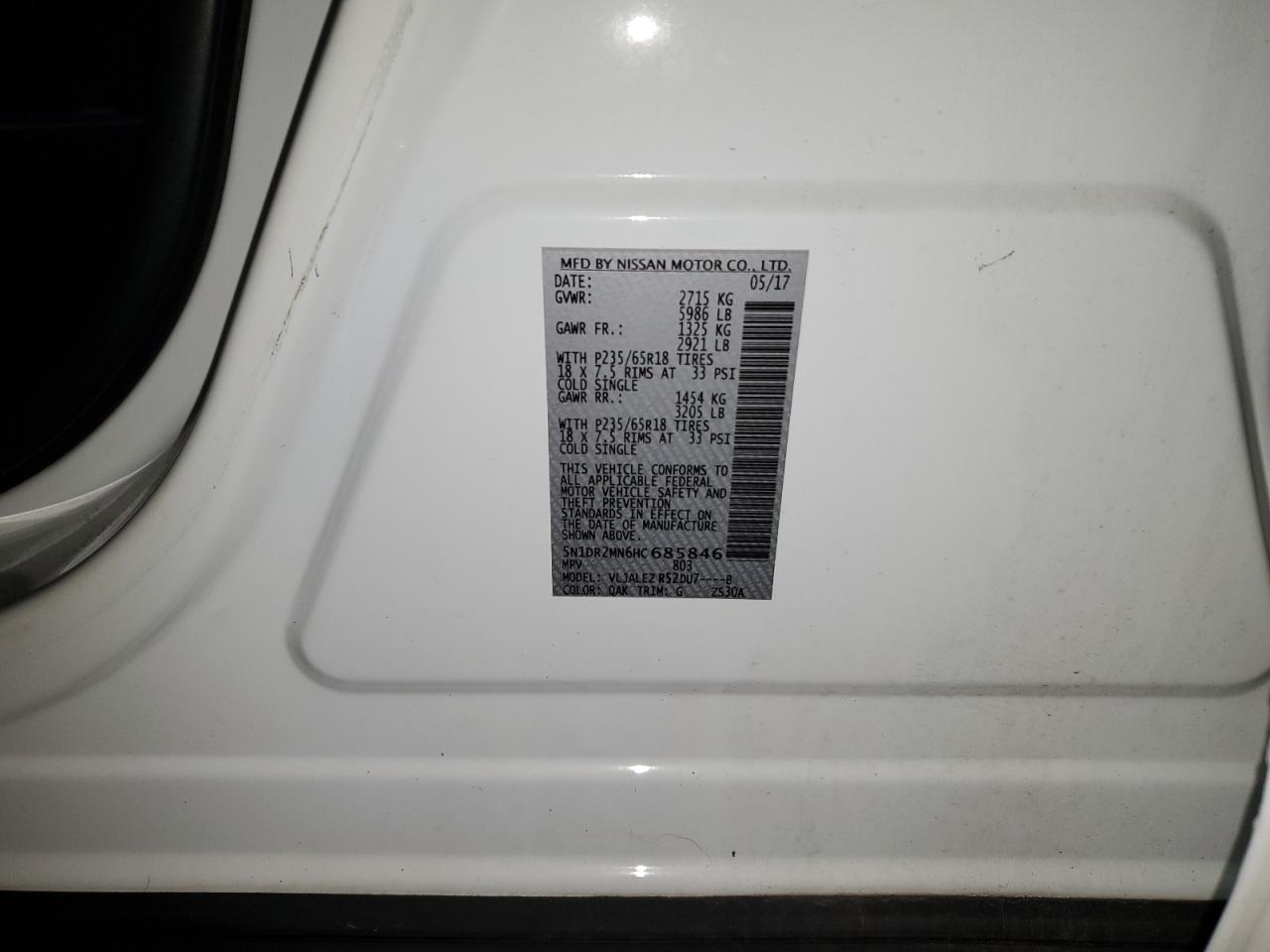 2017 Nissan Pathfinder S VIN: 5N1DR2MN6HC685846 Lot: 91835625