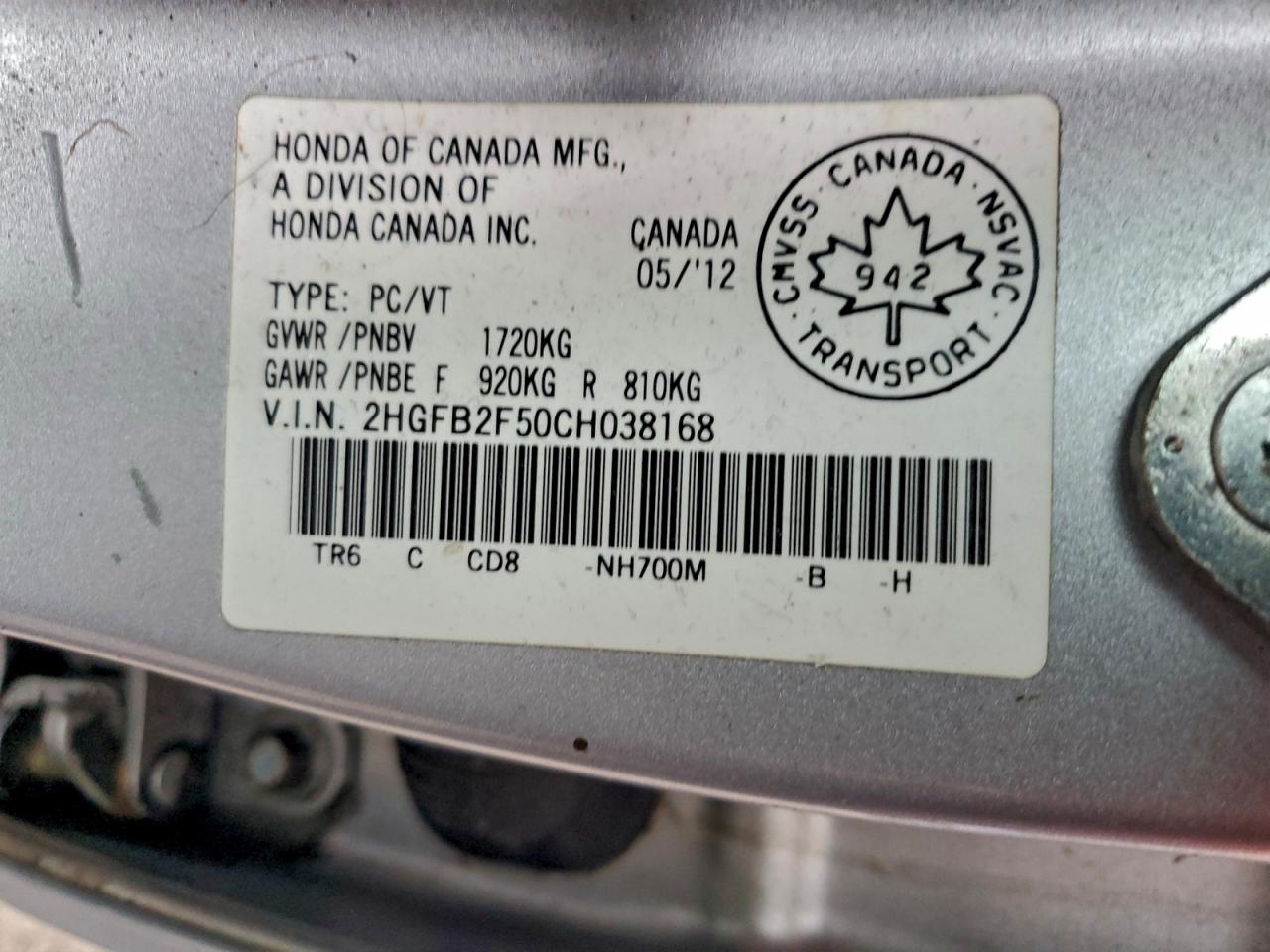 2012 Honda Civic Lx VIN: 2HGFB2F50CH038168 Lot: 94150855