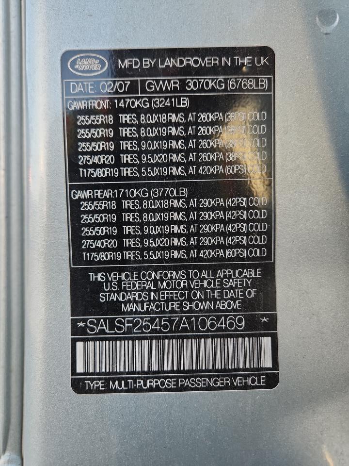 2007 Land Rover Range Rover Sport Hse VIN: SALSF25457A106469 Lot: 93138825